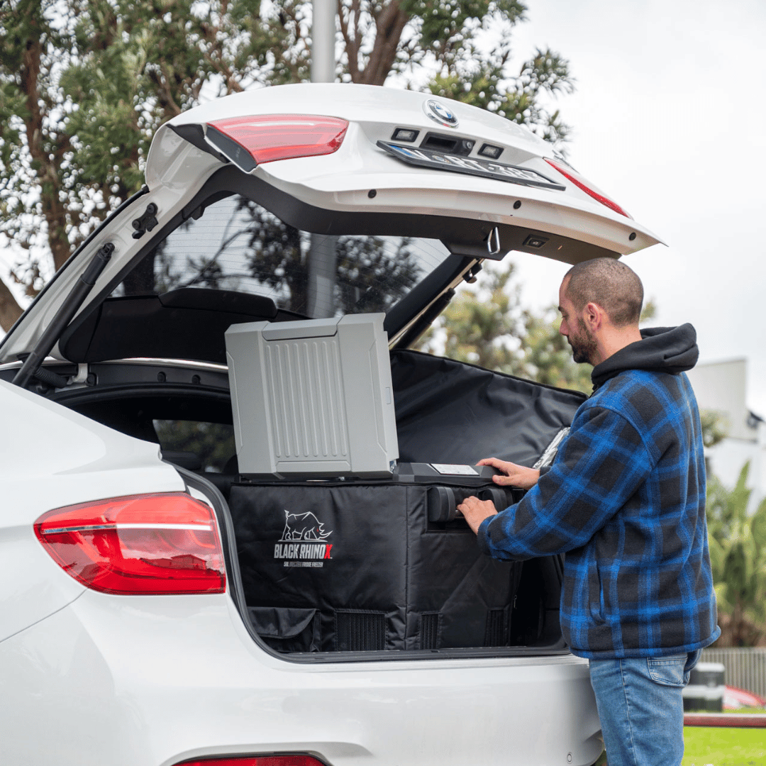 portable camping fridge in car